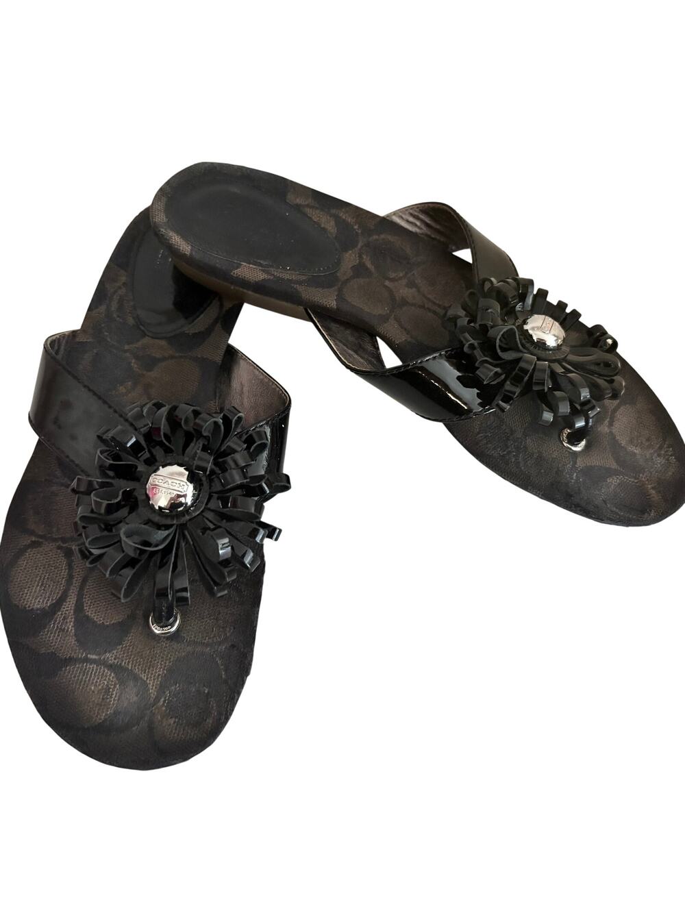 COACH Black Patent Leather Cluster Flower Thong Flip Flop Sandals Luxury 6.5